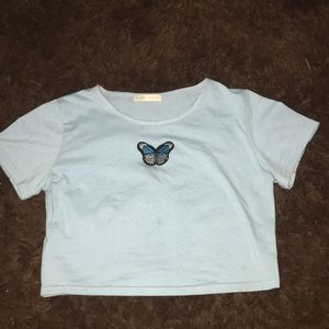 Blue butterfly embroidery crop top
